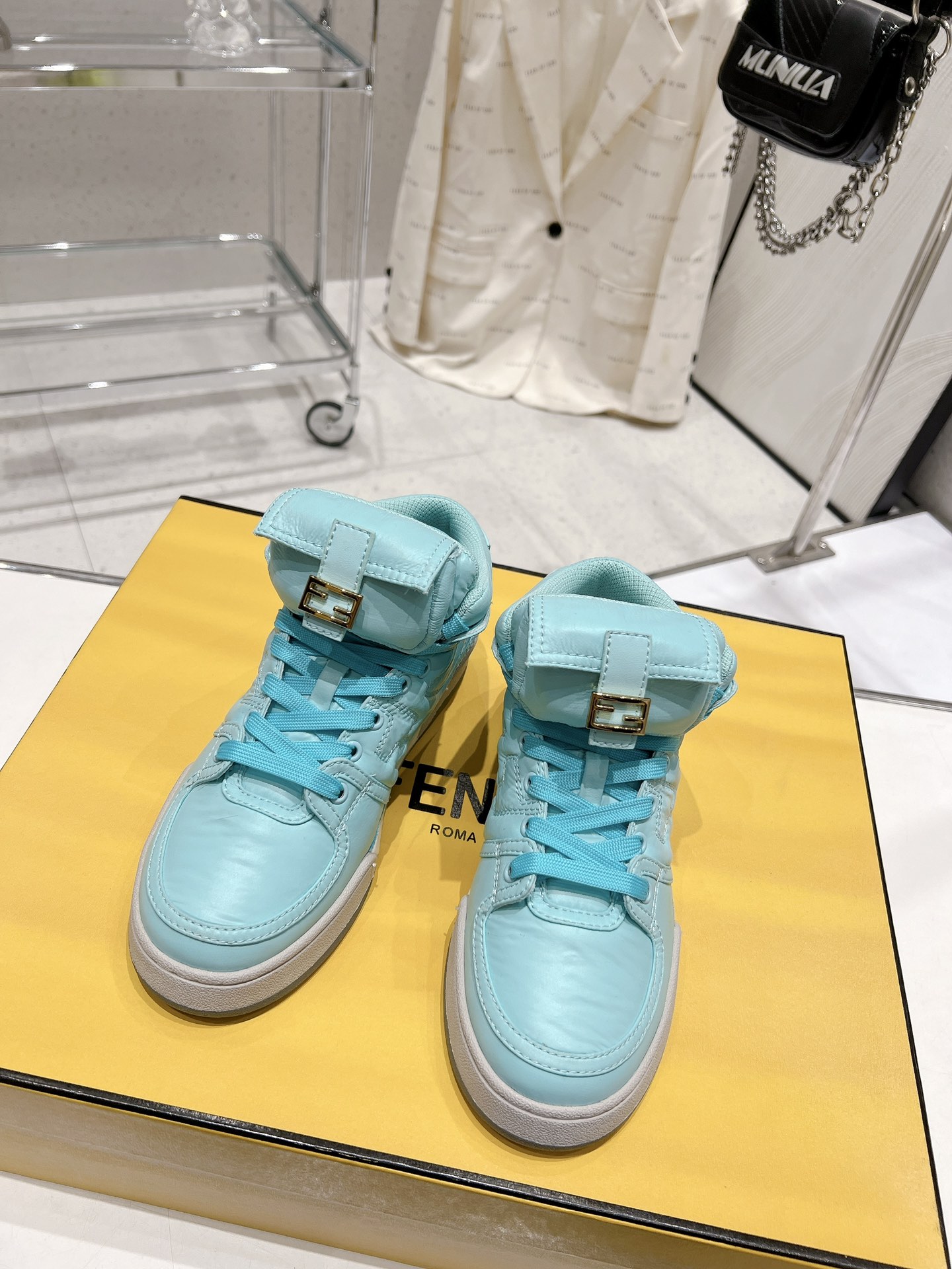 FD F**di Match Lace-Up High-Top Sneakers Blue For Women 8E8380ALIRF1JGC