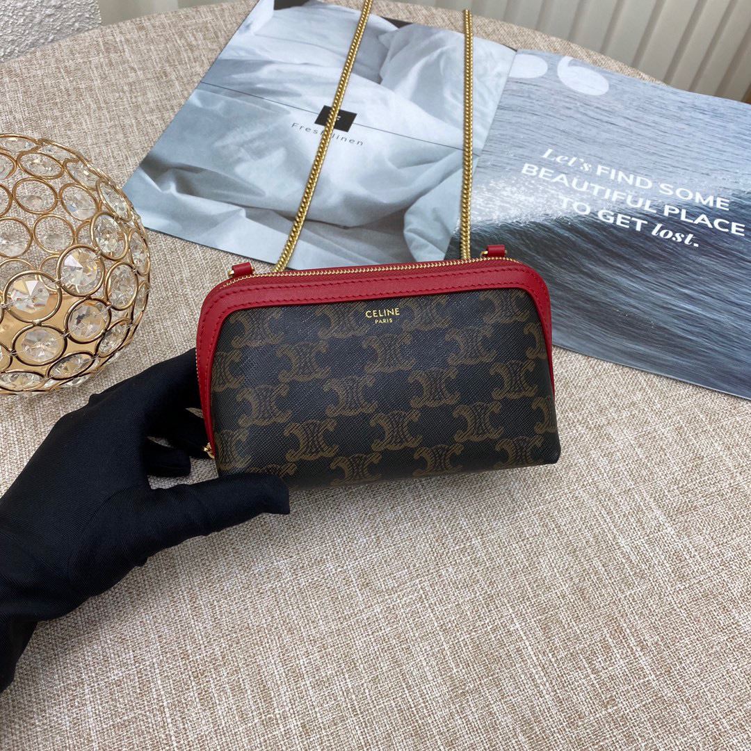 Ce1i*e Clutch With Chain In Triomphe Canvas White/Red For Women‎ 6in/16cm 10E382CBX.01BC