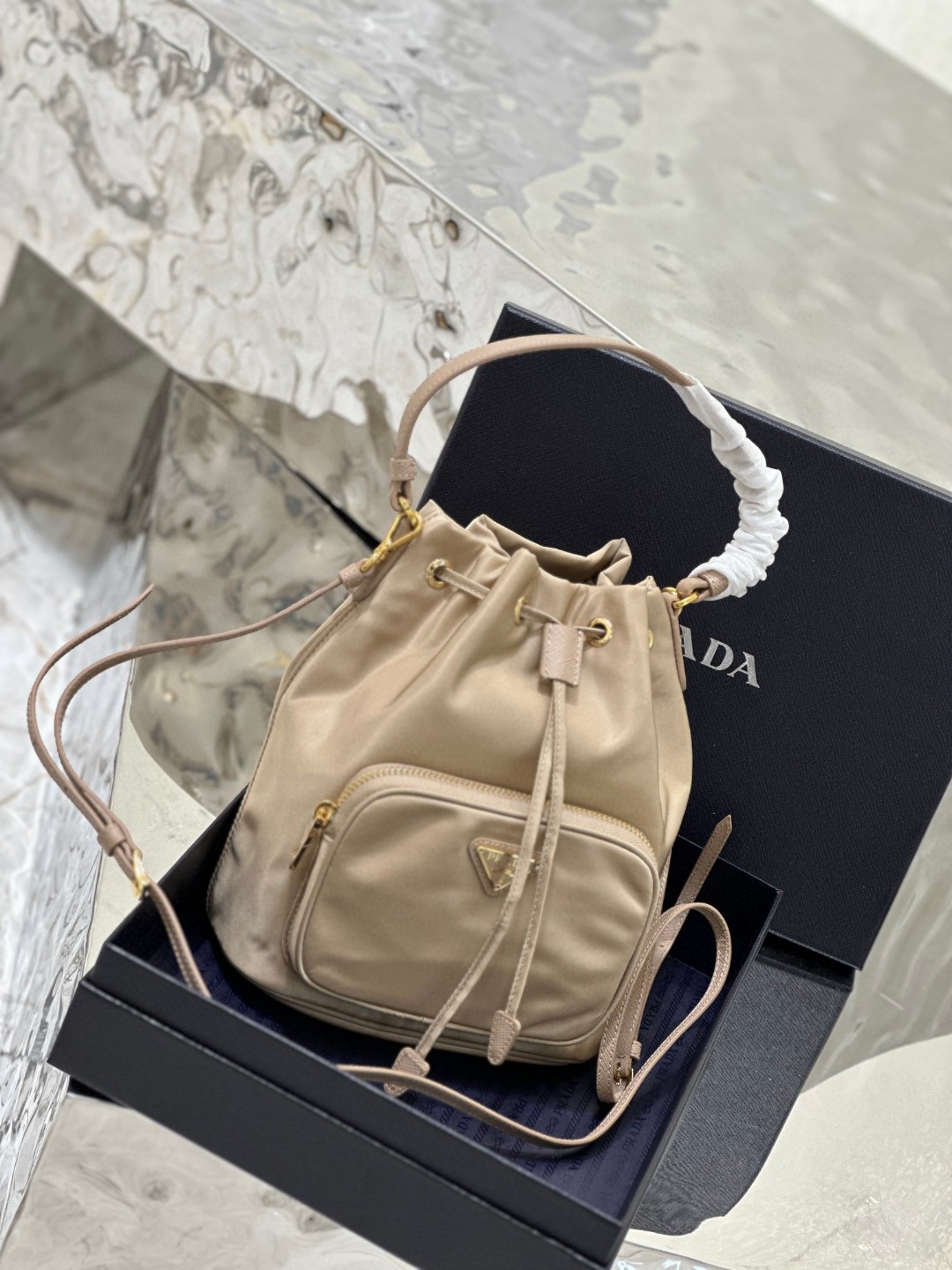 Pra*a Duet Bucket Shoulder Bag Light Pink/Beige For Women 8.6 in / 22.5 cm 1BH038_RV44_F0E18_V_OOO