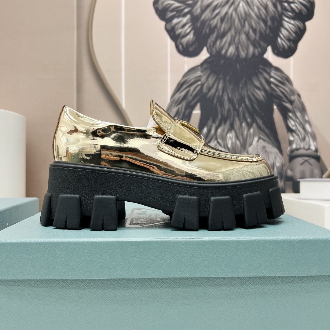 Pra*a Monolith Ombré Brushed Loafers Gold Tone For Women 2.1 in/ 5.5cm