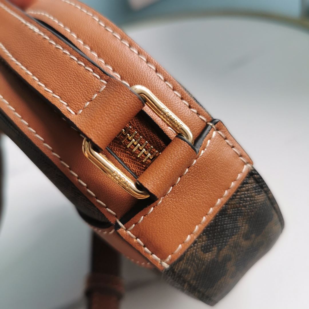 Ce1i*e Round Purse On Strap In Triomphe Canvas White/Brown For Women‎ 5in/13.5cm