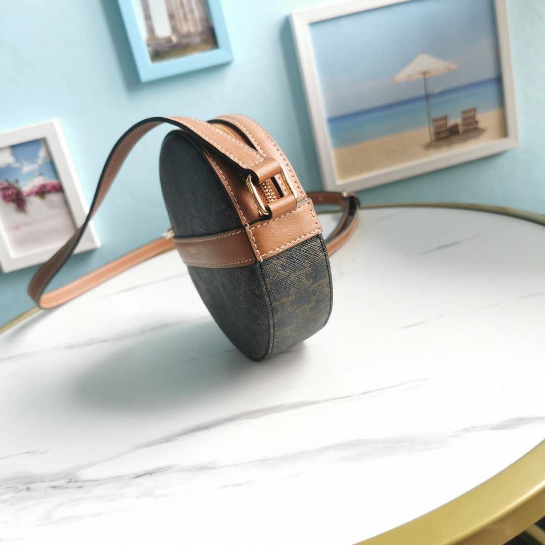 Ce1i*e Round Purse On Strap In Triomphe Canvas White/Brown For Women‎ 5in/13.5cm