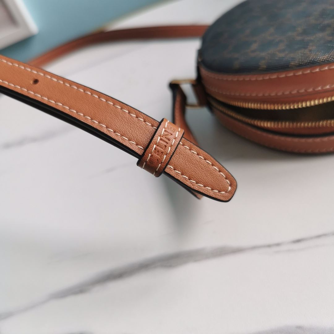 Ce1i*e Round Purse On Strap In Triomphe Canvas White/Brown For Women‎ 5in/13.5cm