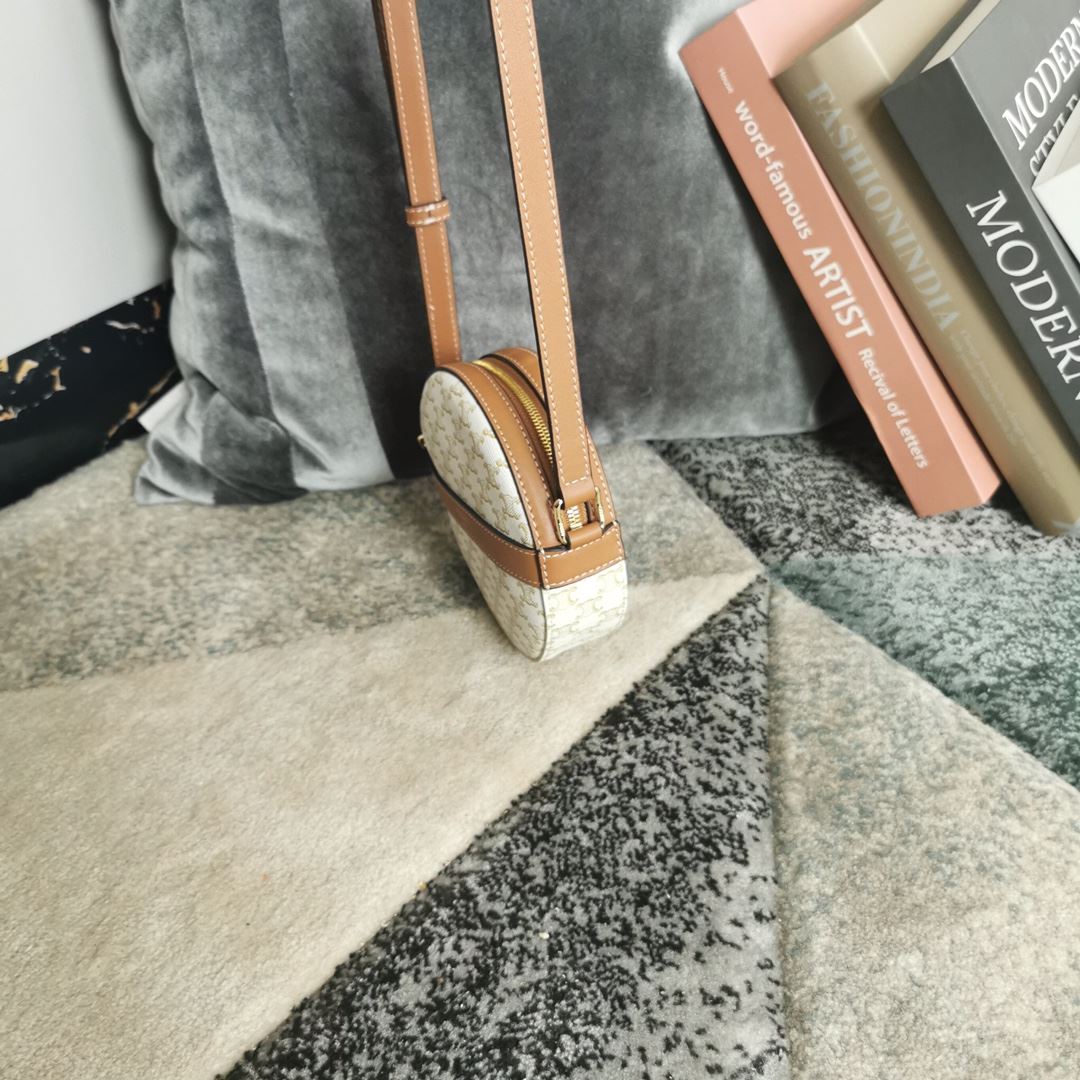 Ce1i*e Round Purse On Strap In Triomphe Canvas White/Brown For Women‎ 5in/13.5cm