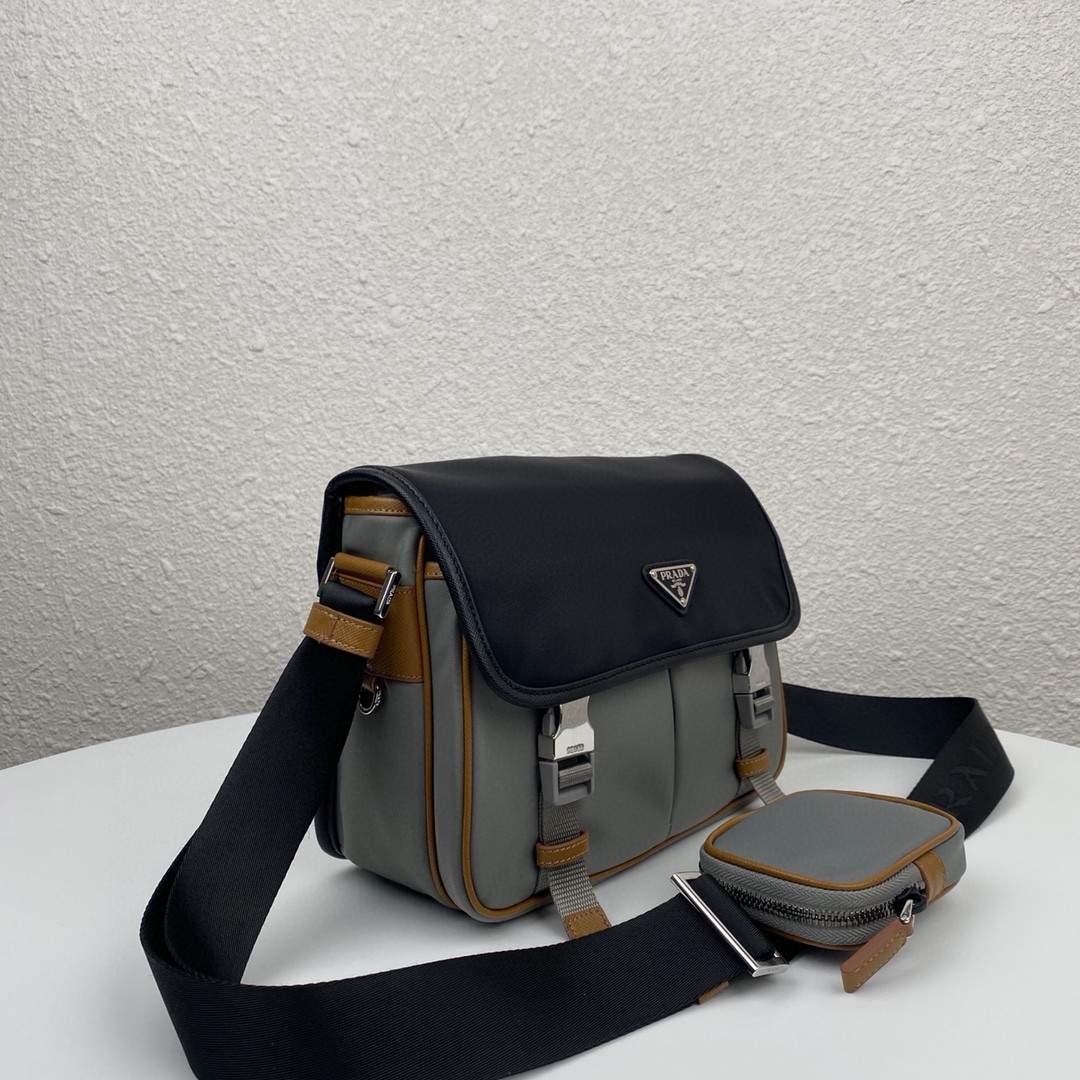 Pra*a Small Saffiano Shoulder Bag Grey and Black For Women 10.2 in / 26 cm