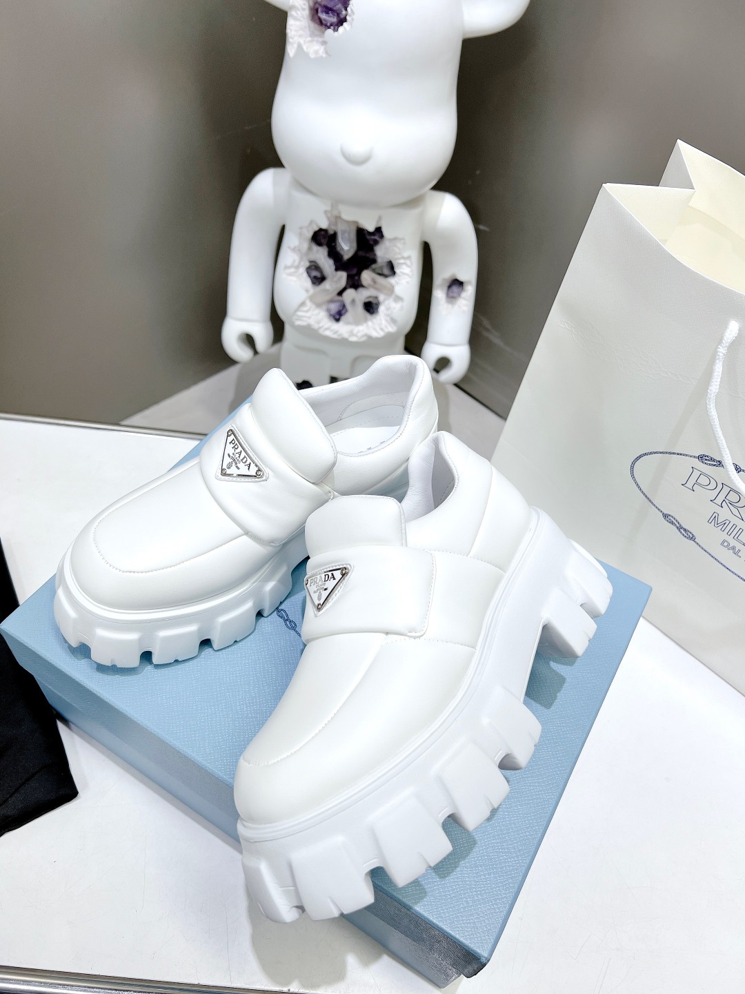 Pra*a Soft Padded Nappa Loafers White For Women 2.1 in/ 5.5 cm