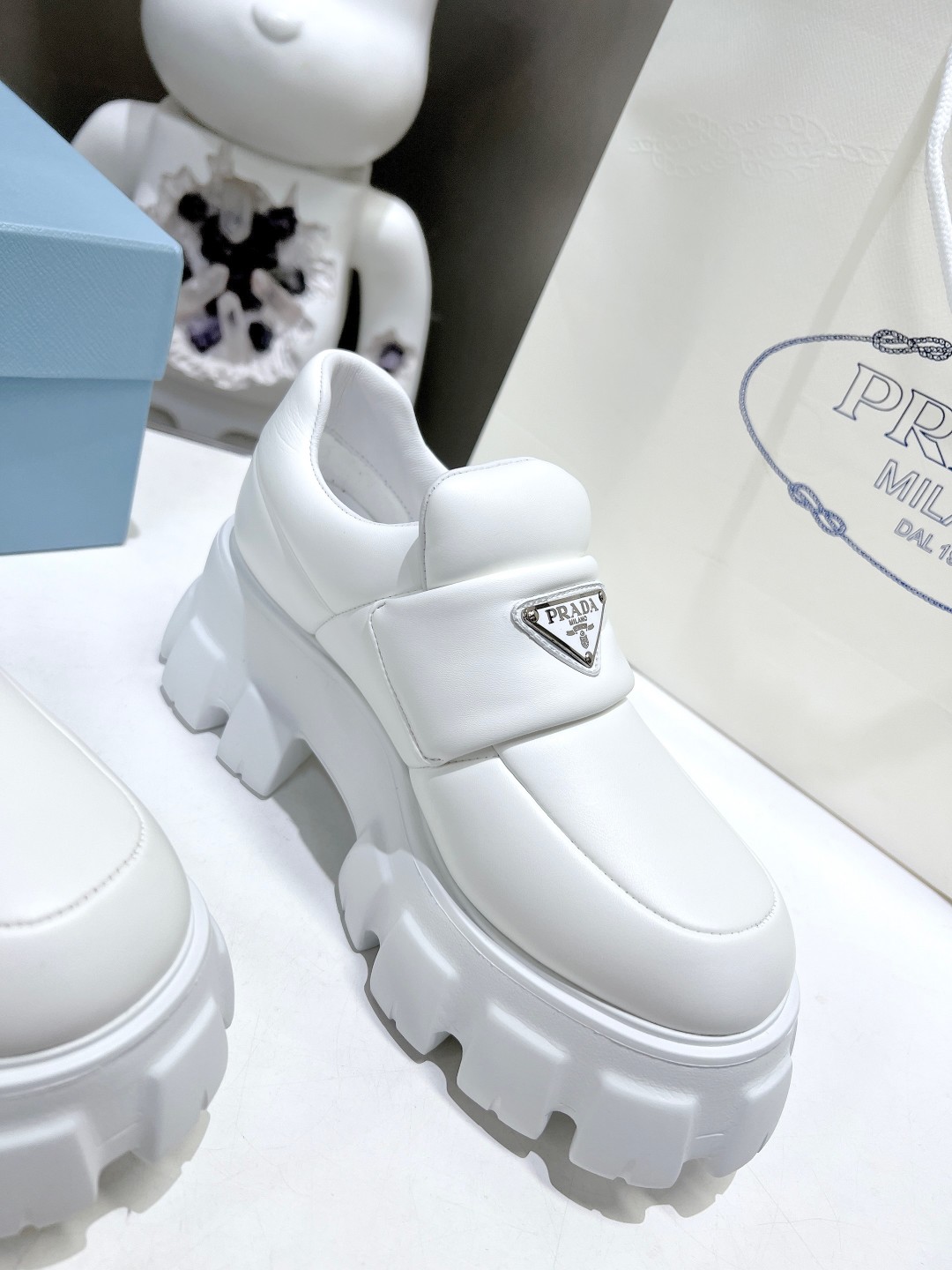 Pra*a Soft Padded Nappa Loafers White For Women 2.1 in/ 5.5 cm