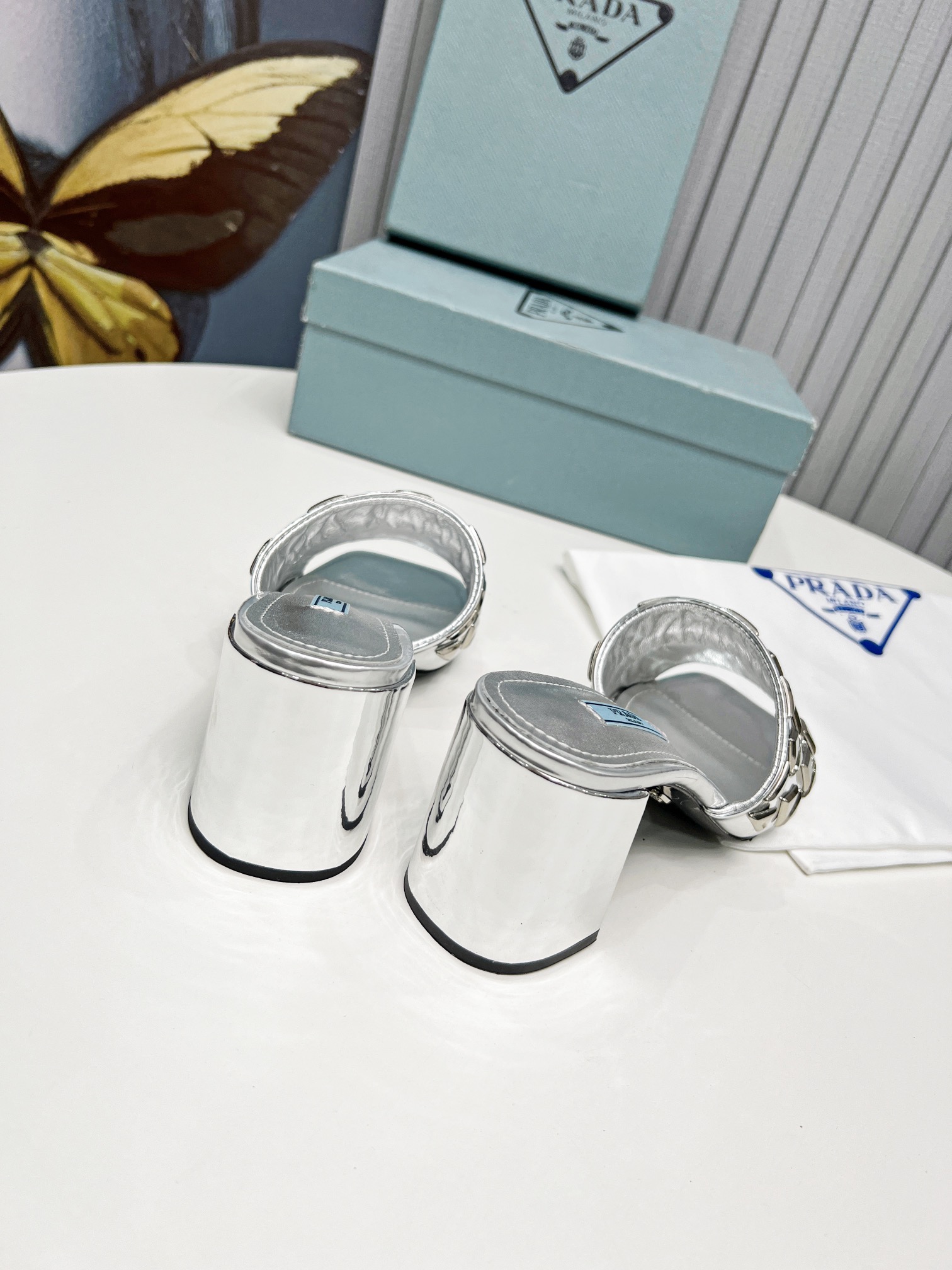 Pra*a Studded Metallic Mules Sliver Tone For Women 2.6 in/ 6.5cm