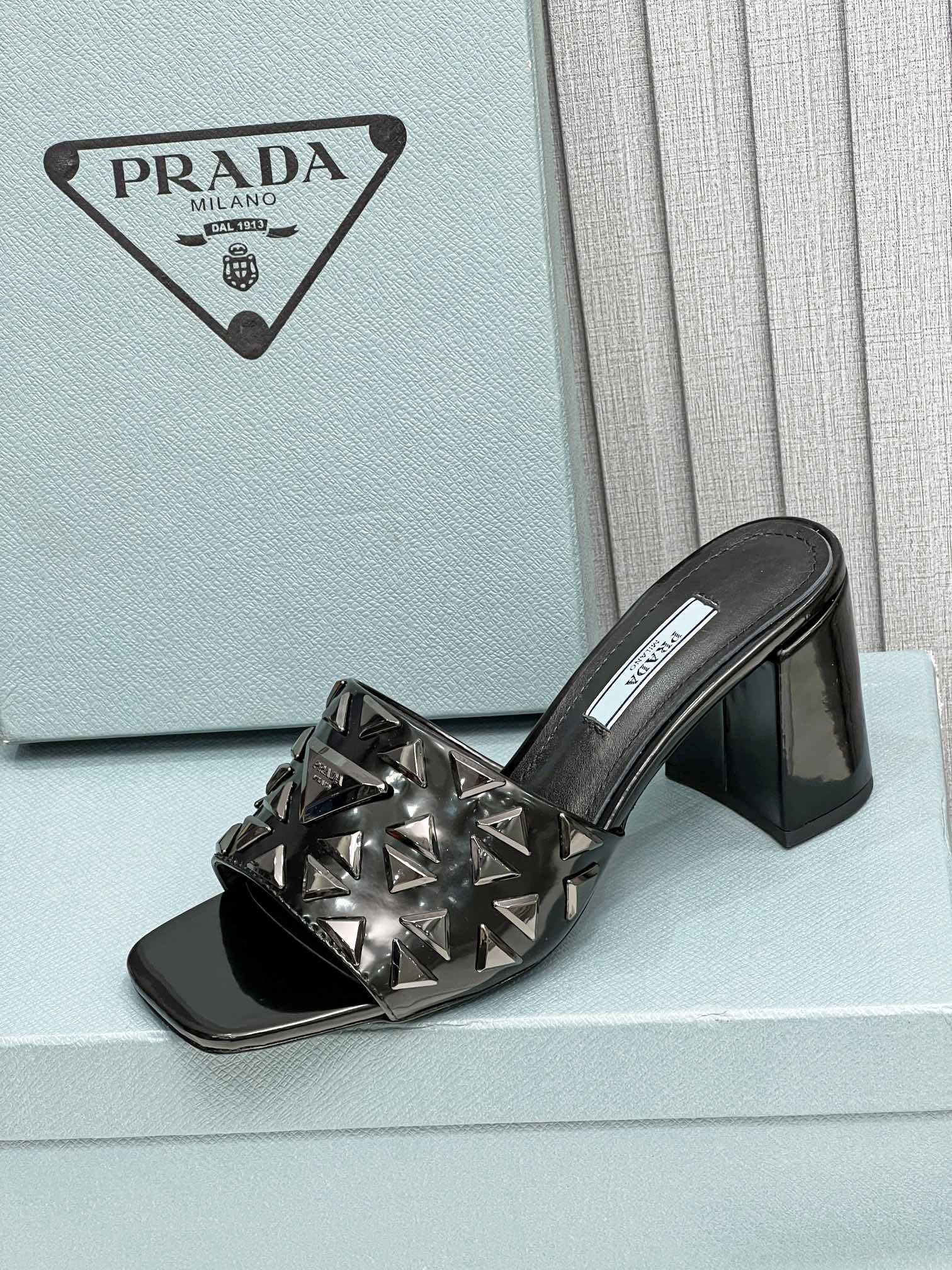 Pra*a Studded Metallic Mules Black For Women 2.6 in/ 6.5cm