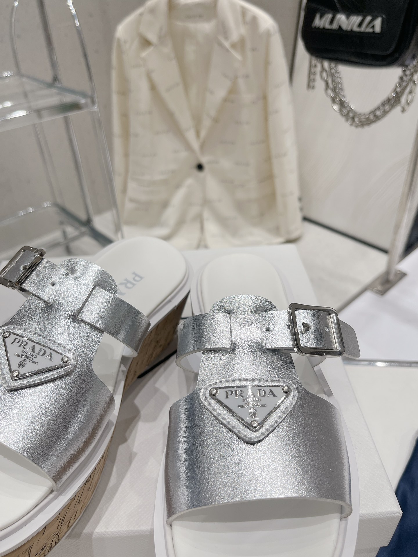 Pra*a Wedge Platform Sandals Sliver Tone For Women 2.9 in/ 7.5 cm