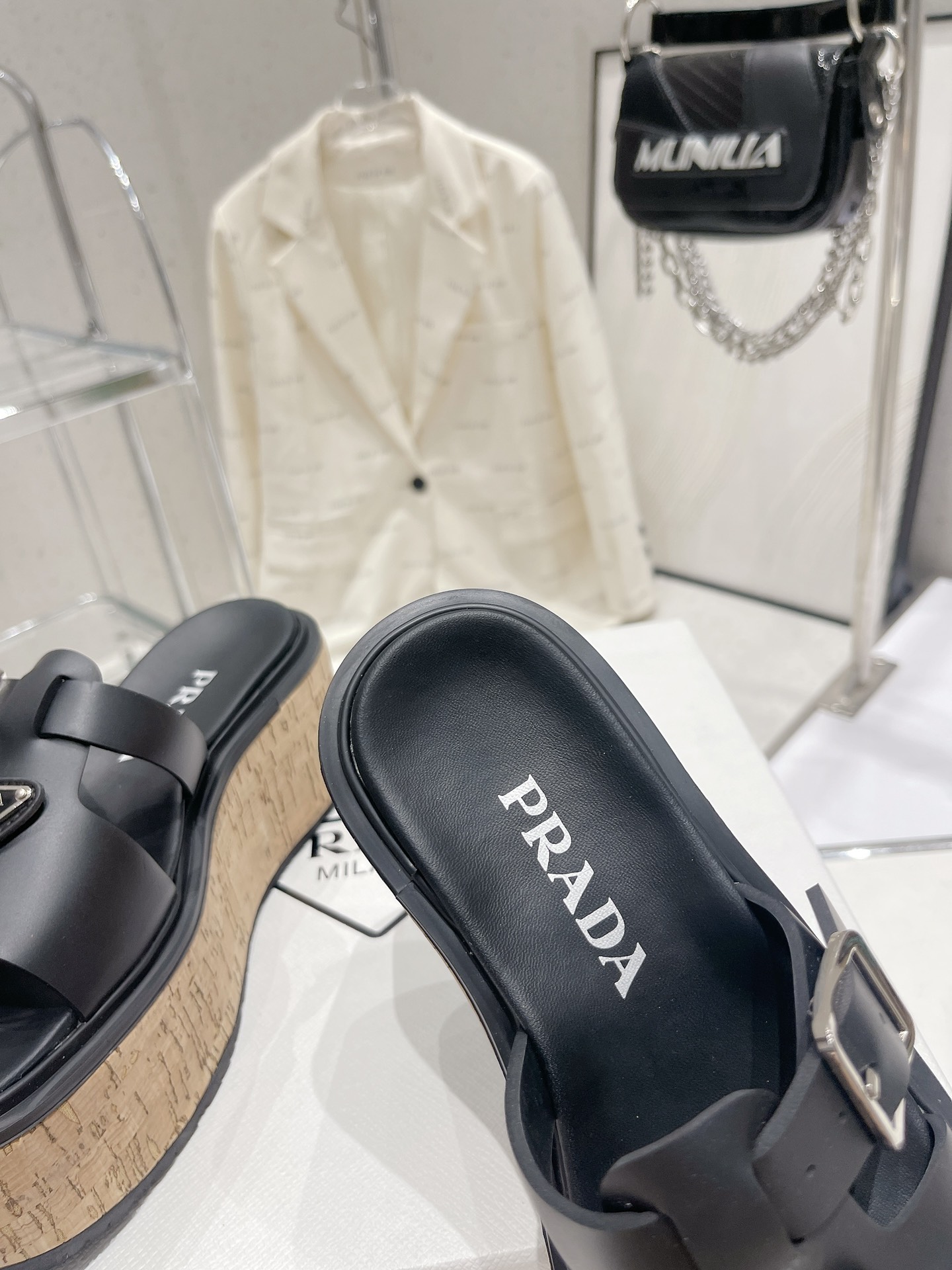 Pra*a Wedge Platform Sandals Black For Women 2.9 in/ 7.5 cm 1XX641_3LLP_F0002_F_075