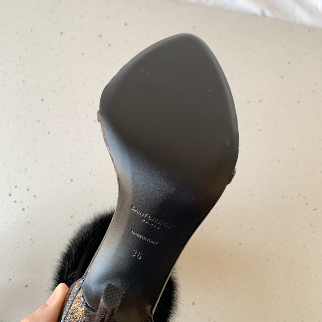 Sa1nt Lau*nt 110mm Faux Fur Ankle-Cuff Sandals Black For Women