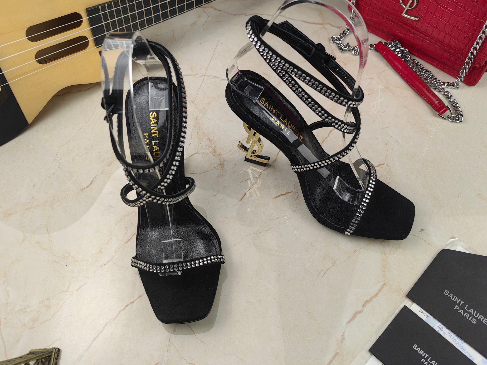 Sa1nt Lau*nt Opyum Sandals In Crepe Satin And Rhinestones Black For Women