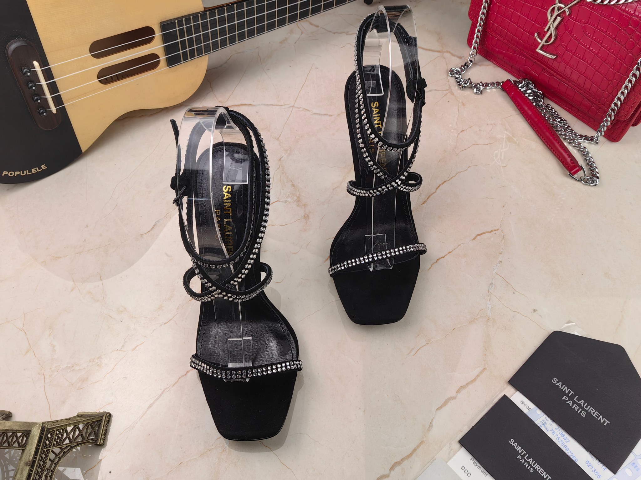 Sa1nt Lau*nt Opyum Sandals In Crepe Satin And Rhinestones Black For Women