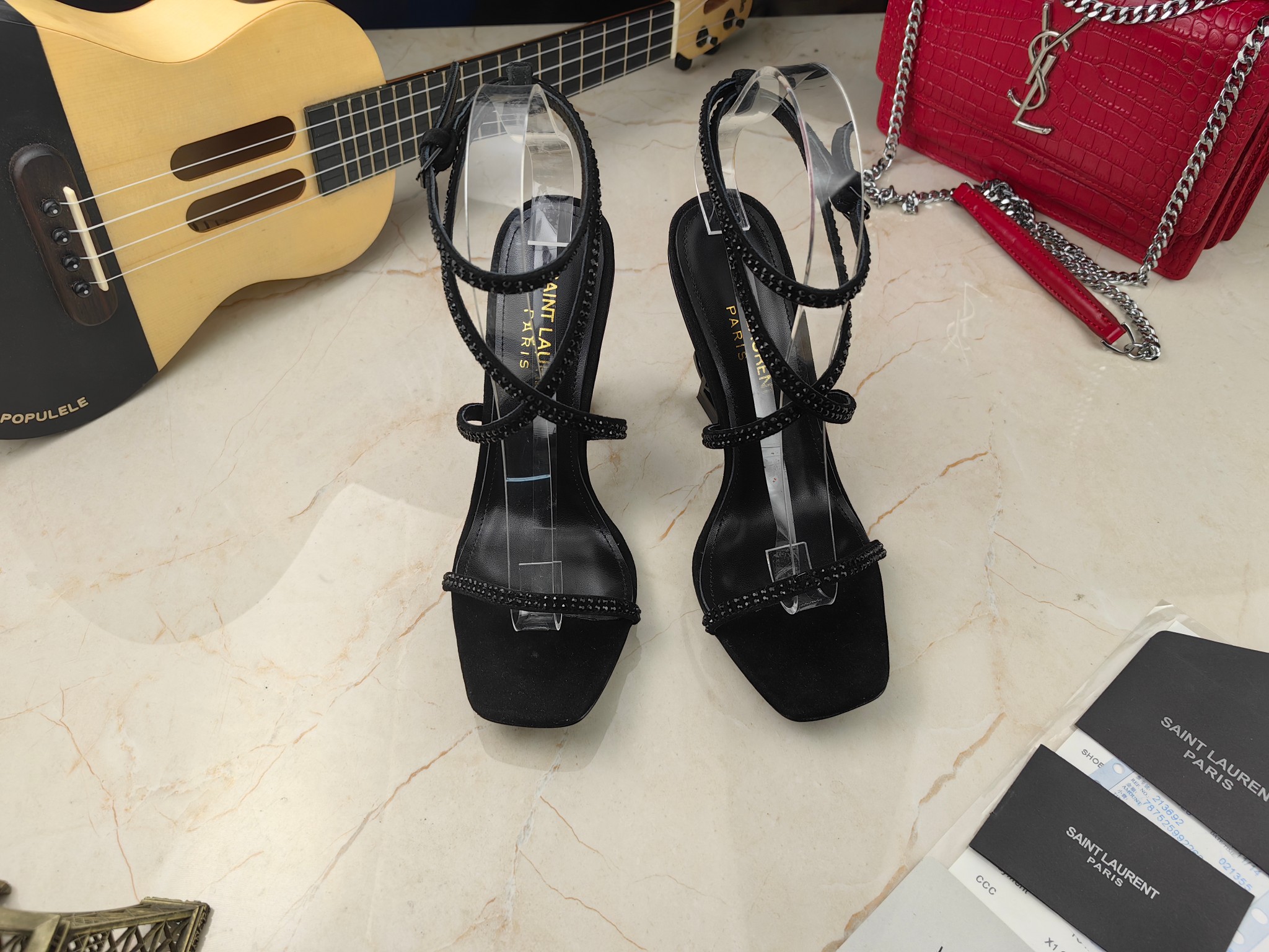 Sa1nt Lau*nt Opyum Sandals In Crepe Satin And Rhinestones Black For Women 7323391UUAV1012