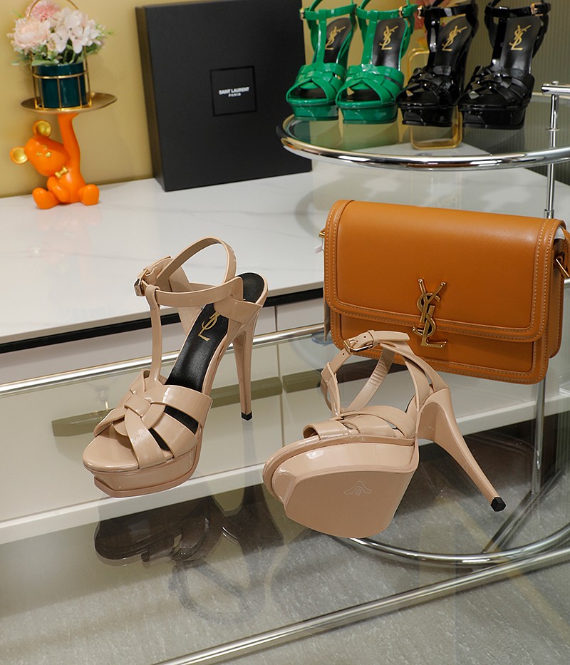 Sa1nt Lau*nt Tribute Platform Sandals In Patent Beige For Women