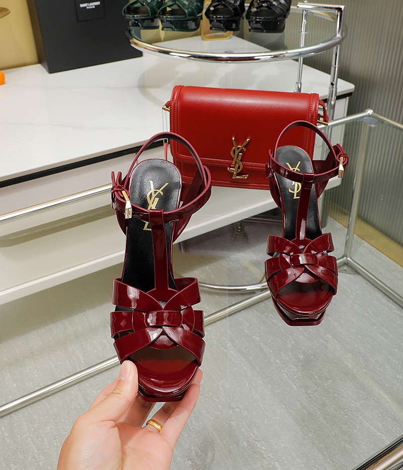 Sa1nt Lau*nt Tribute Platform Sandals In Smooth Burgundy For Women