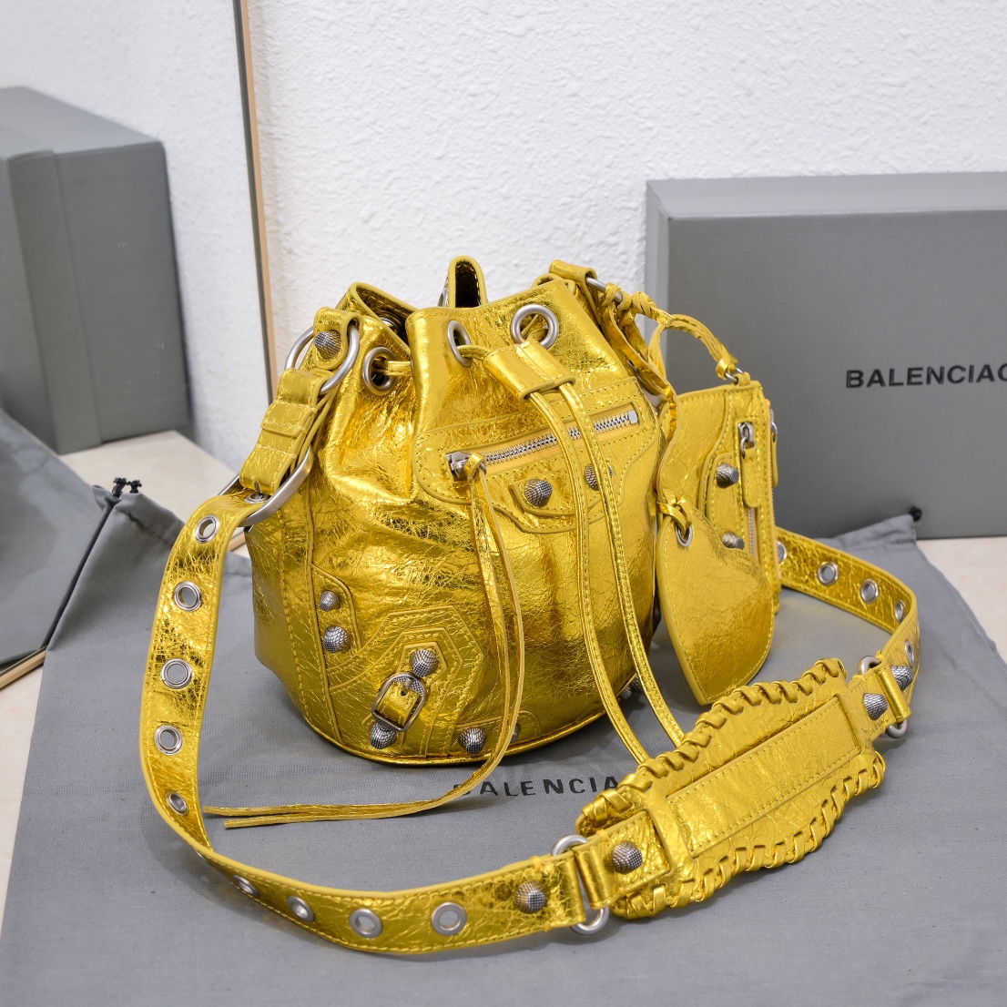Ba1en*iaga Le Cagole Xs Bucket Bag Metallized With Rhinestones In Gold Tone/Sliver Tone/Grey For Women 7.8in/20 cm