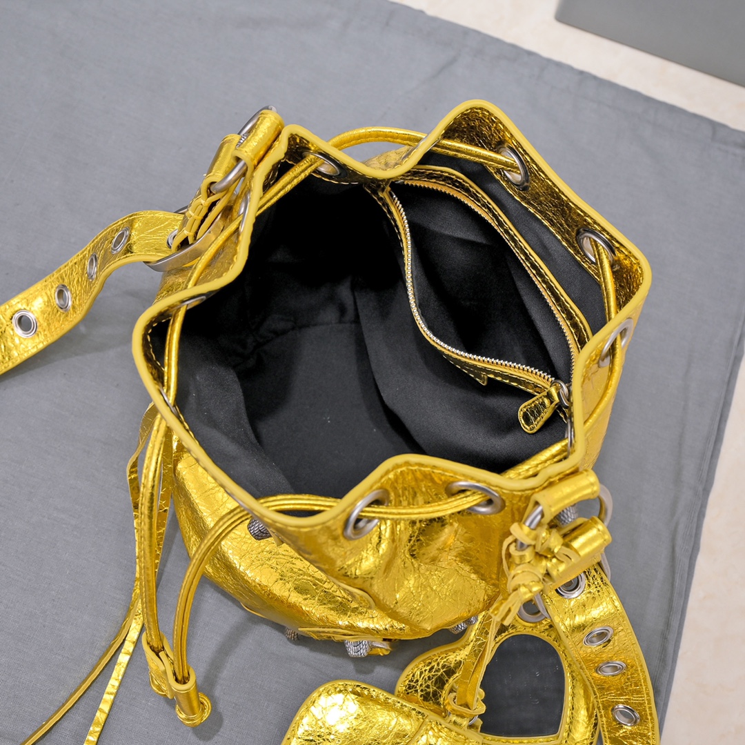 Ba1en*iaga Le Cagole Xs Bucket Bag Metallized With Rhinestones In Gold Tone/Sliver Tone/Grey For Women 7.8in/20 cm