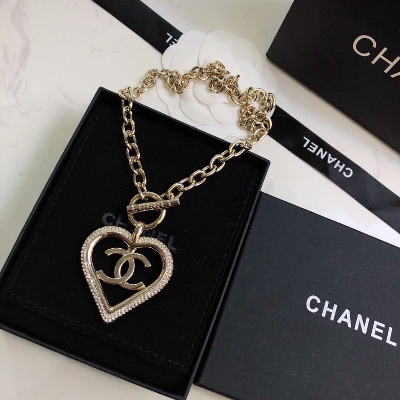 Ch**el Big Heart Frame Necklace Gold Tone For Women