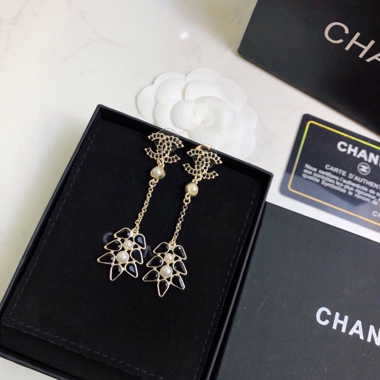Ch**el Black Petals Earrings Gold Tone For Women