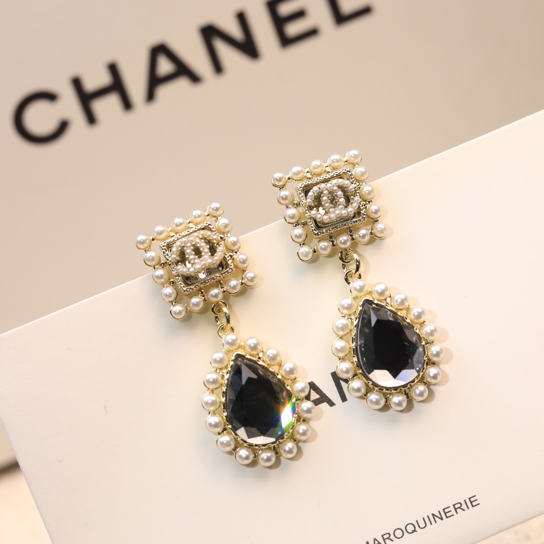 Ch**el Black Twinkle Stone Earrings Gold Tone For Women