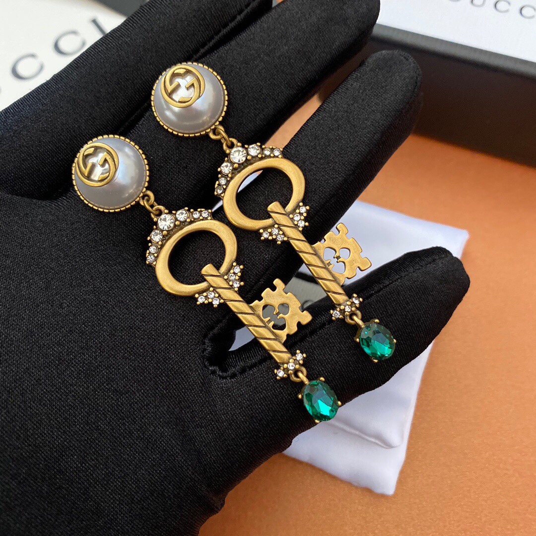 Gvc*1 Key Green Stone Earrings Gold Tone For Women