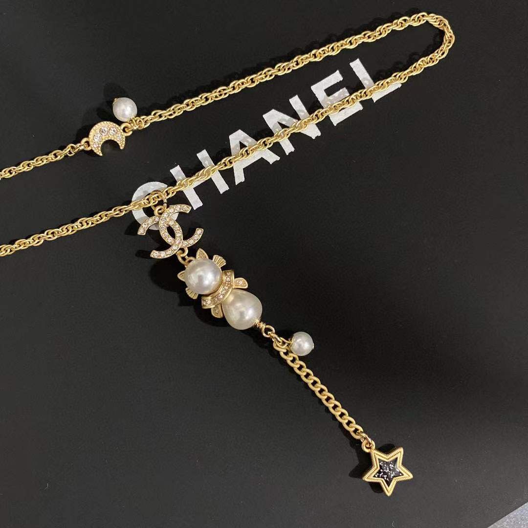 Ch**el Long Necklace With Pearl And Black Star Gold Tone For Women