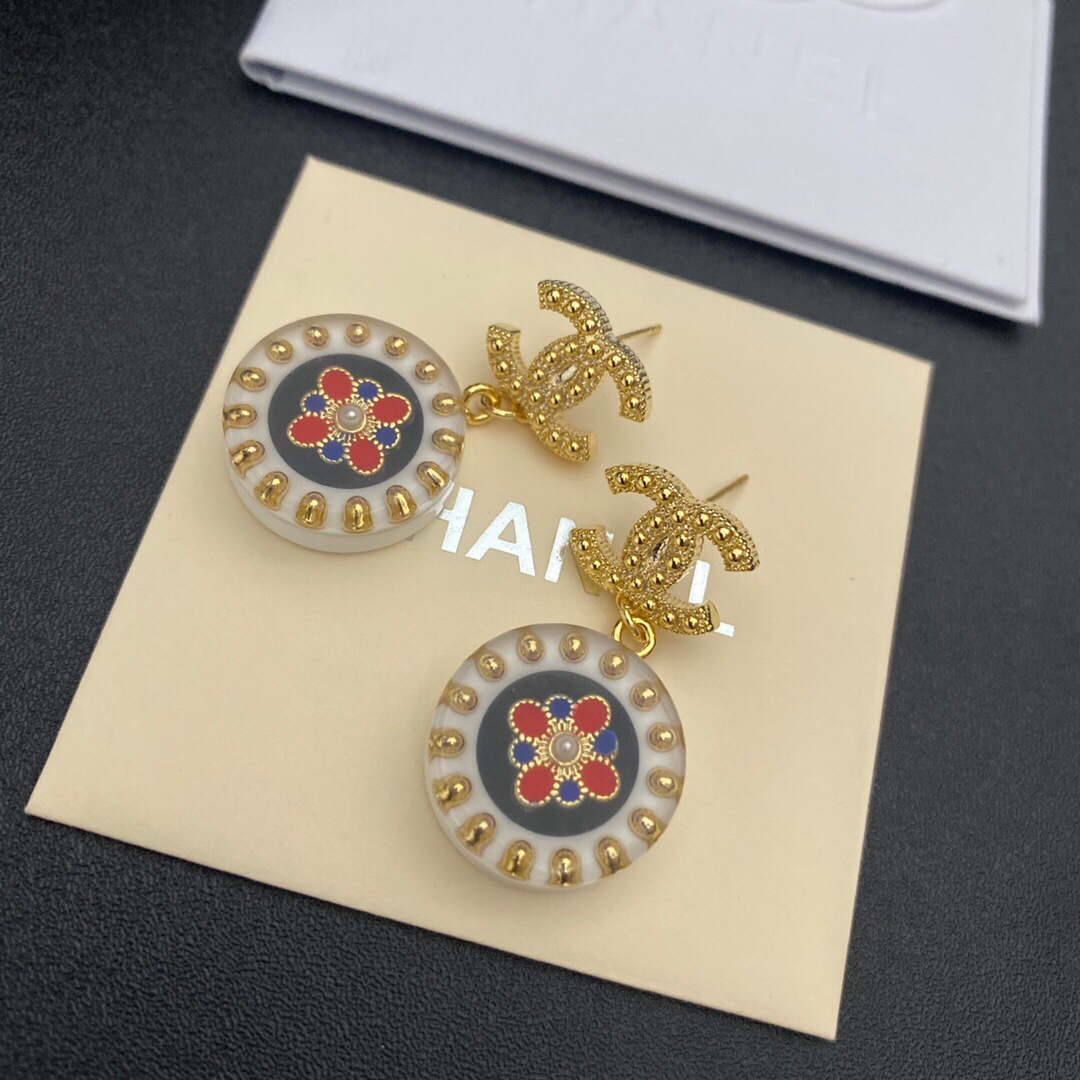 Ch**el Red And Blue Pattern In Middle Circle Earrings Gold Tone For Women