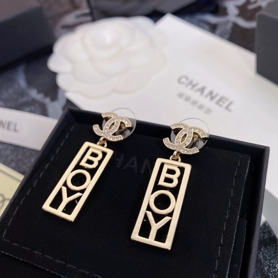 Ch**el Strass CC BOY Drop Earrings Gold For Women