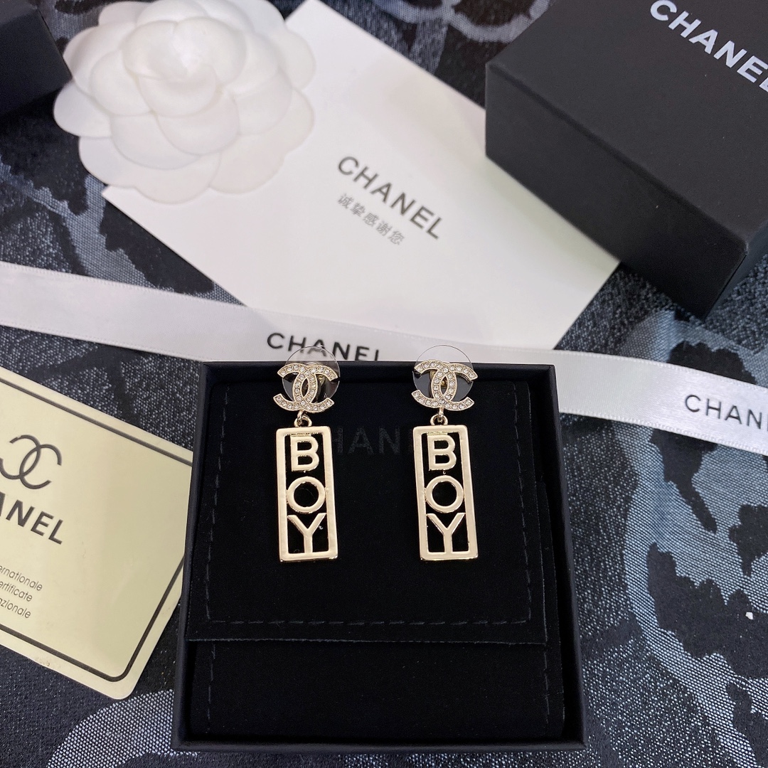 Ch**el Strass CC BOY Drop Earrings Gold For Women