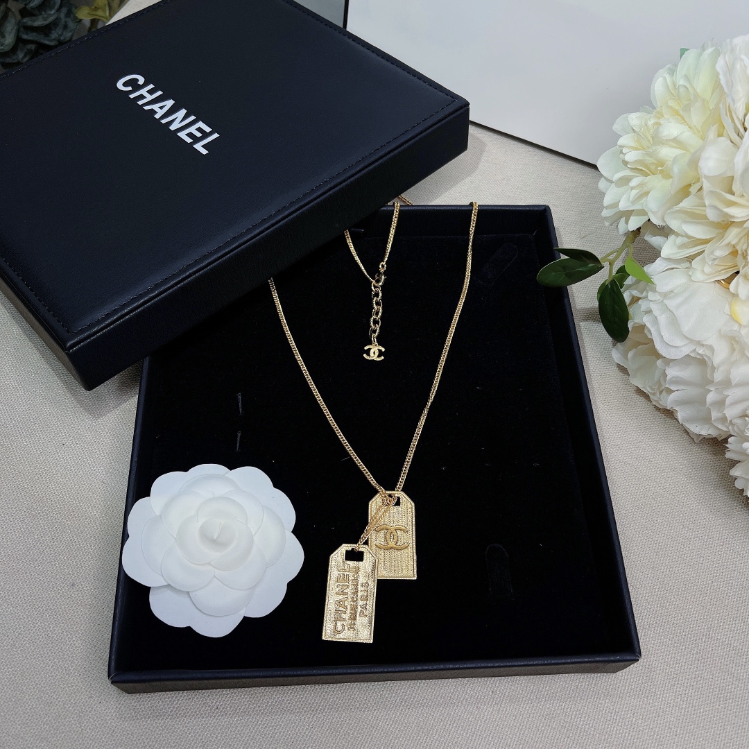 Ch**el Two Tag Engraving Signature Necklace Gold Tone For Women