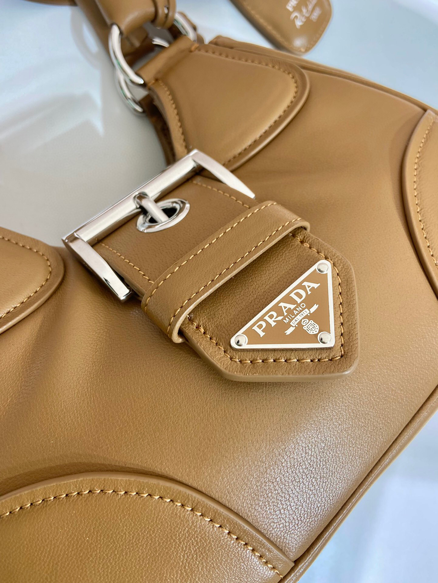 Pra*a Moon Padded Nappa Bag In White/Yellow/Brown For Women 8.8in / 22.5cm 1BA381_2DYI_F0009_V_OOM