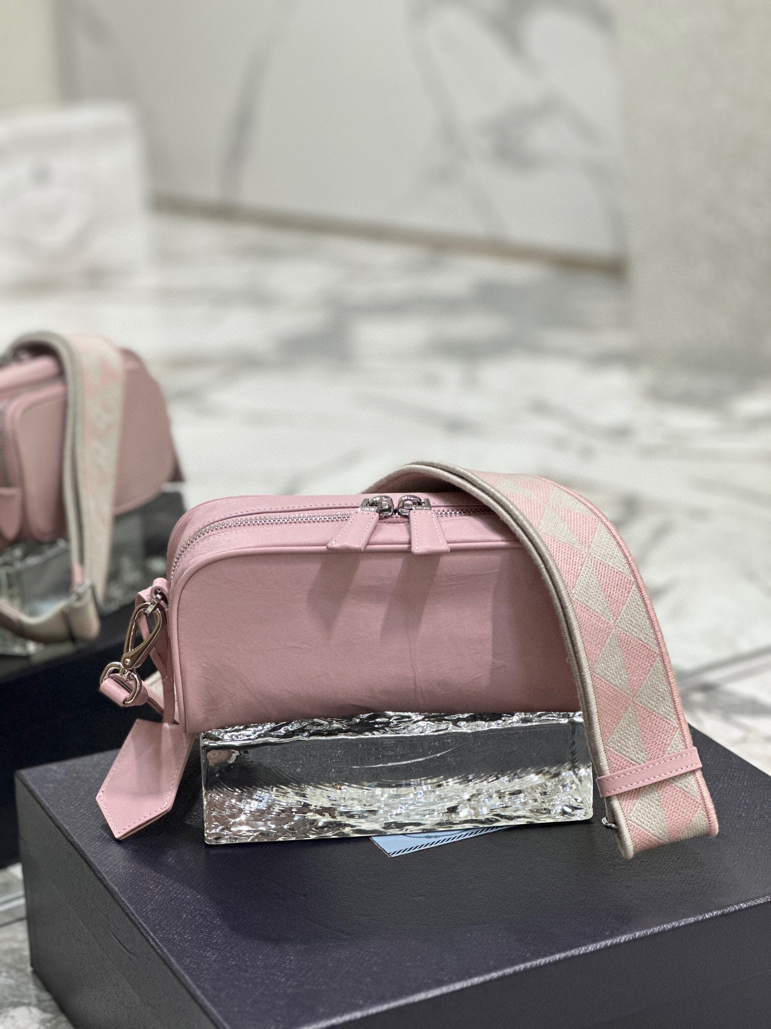 Pra*a Nappa Antique Multi-Pocket Shoulder Bag In Grey/Black/Pink For Women 8.6 in/ 22cm 1BH198_UVL_F0480_V_4OO