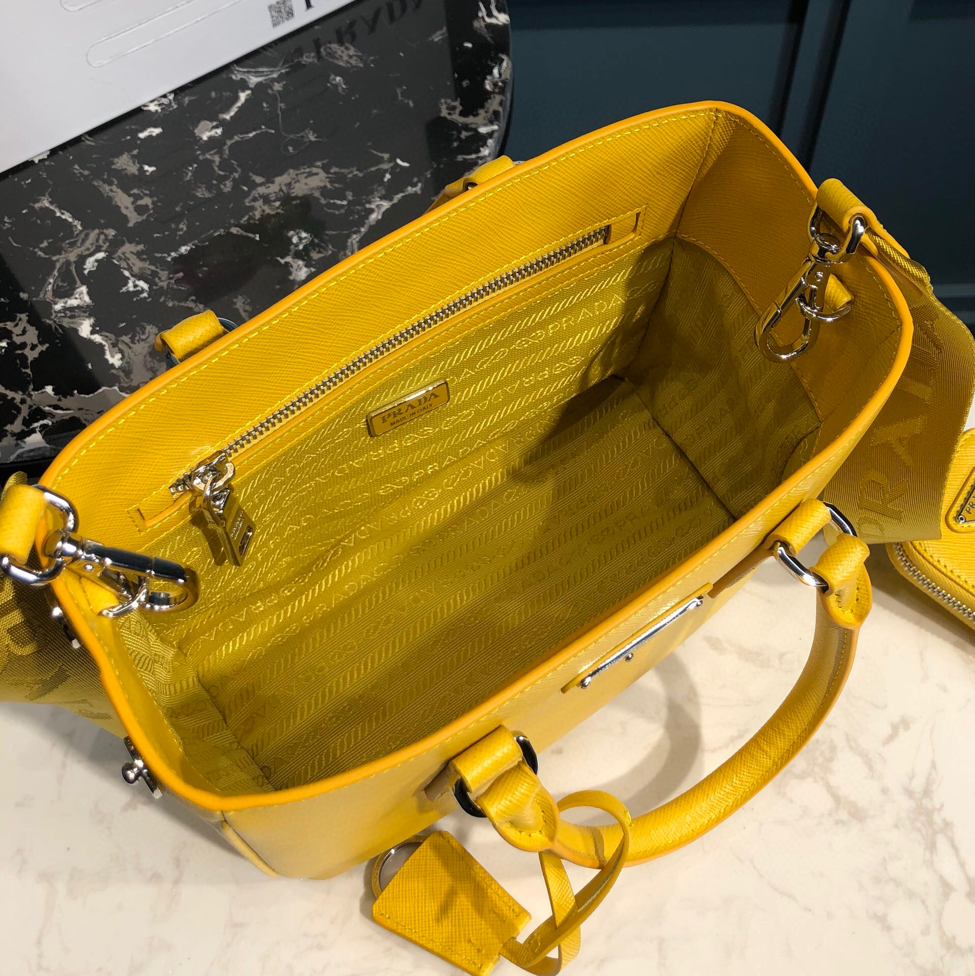 Pra*a Saffiano Lux Galleria In Yellow For Women 9in/ 23cm