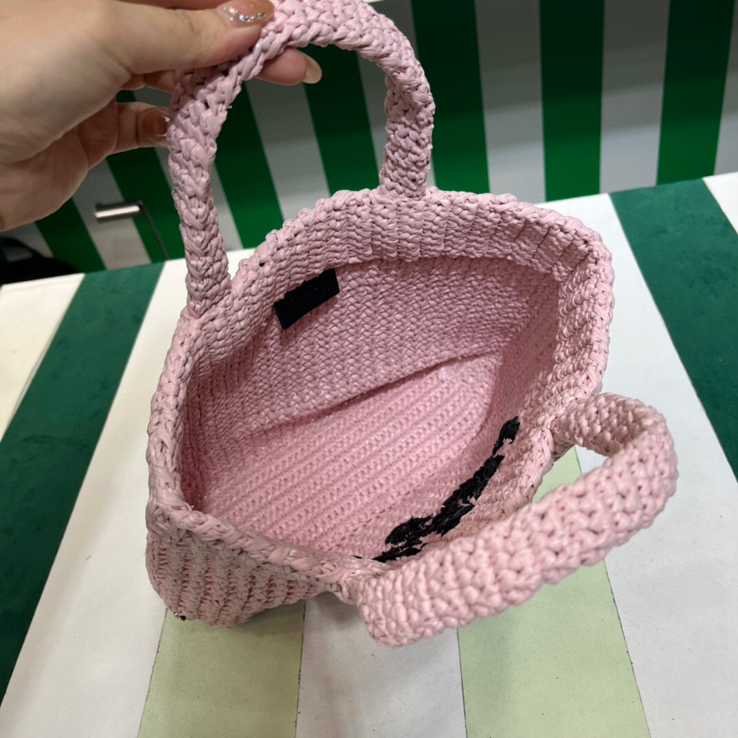 [True-to-ORIGINAL] Pra*a Small Raffia Tote Bag In Pink For Women 9.4 in/24cm 1BG422_2A2T_F0E18_V_OOL