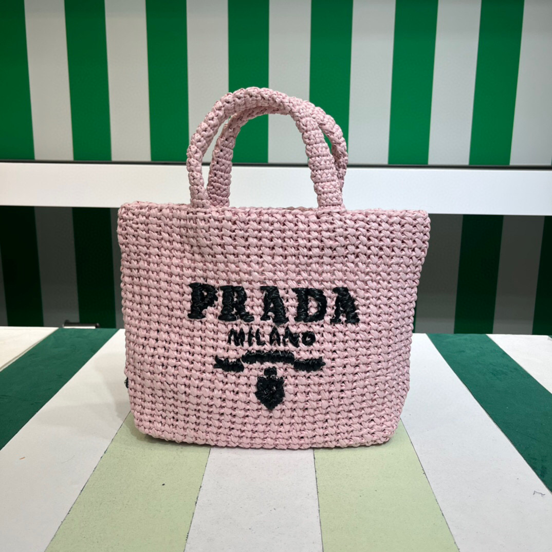 [True-to-ORIGINAL] Pra*a Small Raffia Tote Bag In Pink For Women 9.4 in/24cm 1BG422_2A2T_F0E18_V_OOL