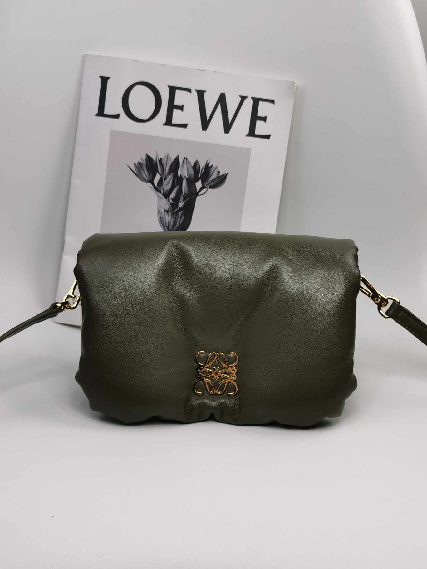 L0ew* Mini Puffer Goya Bag Black/Beige/Green Khaki For Women 7.9in / 20cm A896W56X01