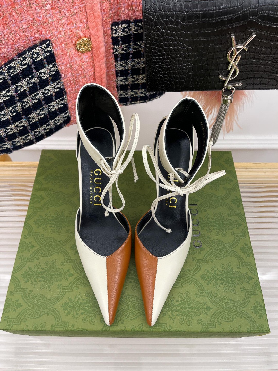 Gvc*1 High Heel Pump With Ankle Cuff White And Brown For Women ‎715146 BKO60 9057