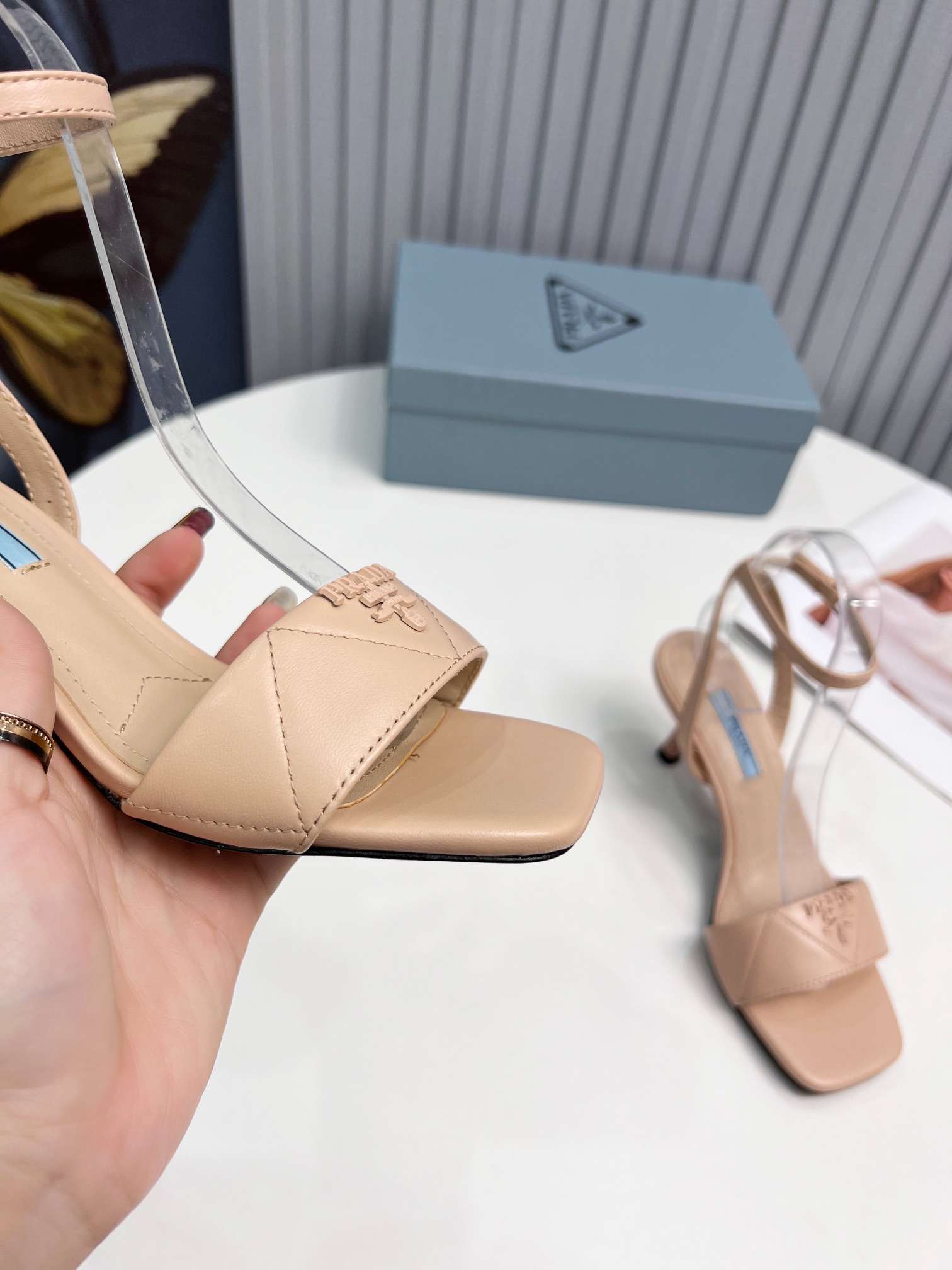 Pra*a Buckle Square Nose Pumps Beige For Women