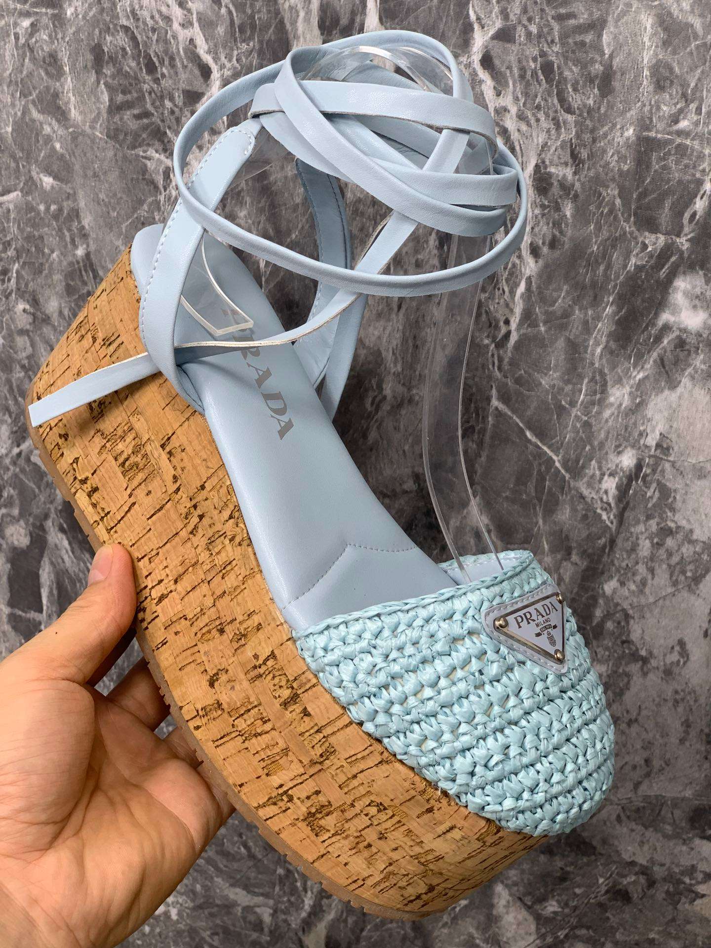 Pra*a Crochet Wedge Sandals Light Blue For Women