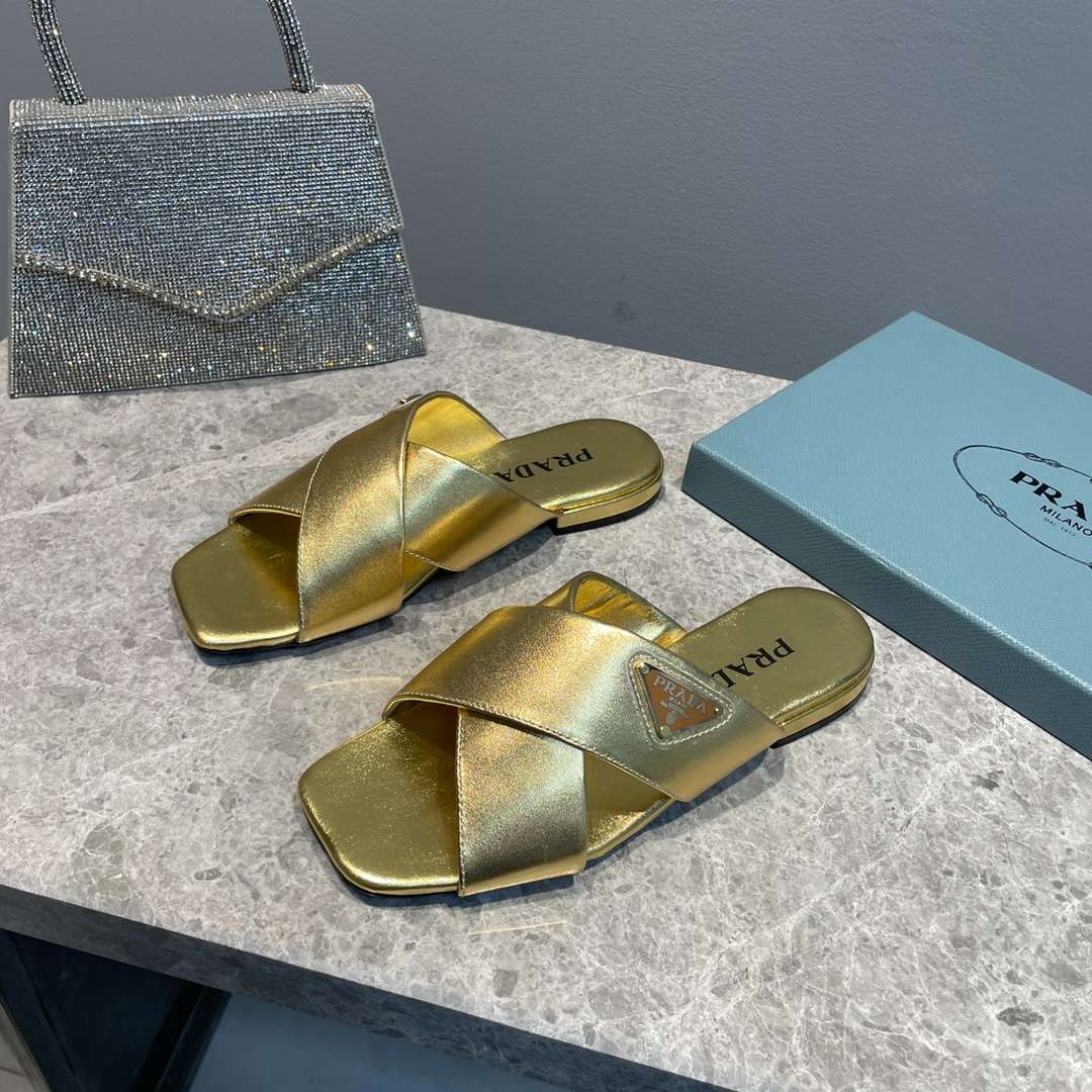 Pra*a Cross Straps Slides Gold For Women