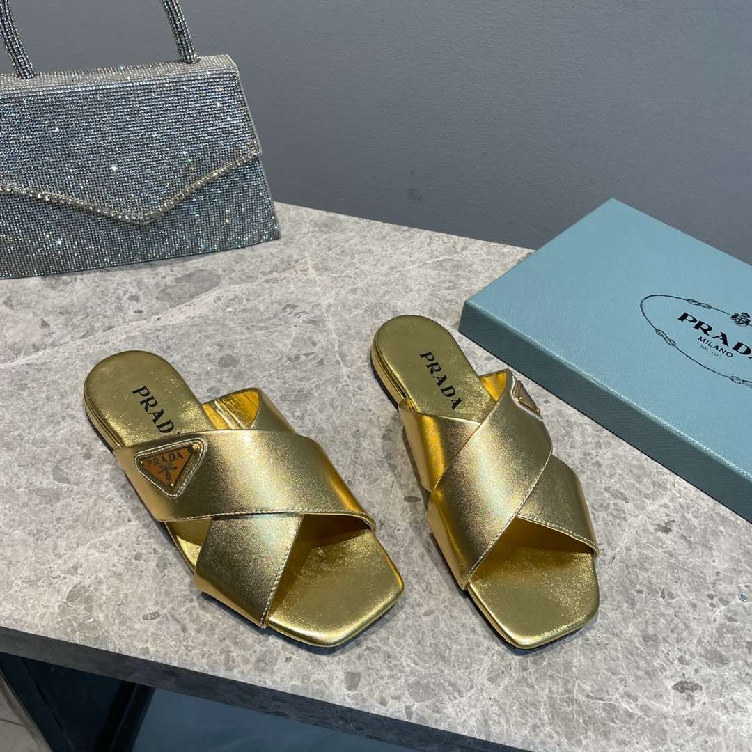 Pra*a Cross Straps Slides Gold For Women