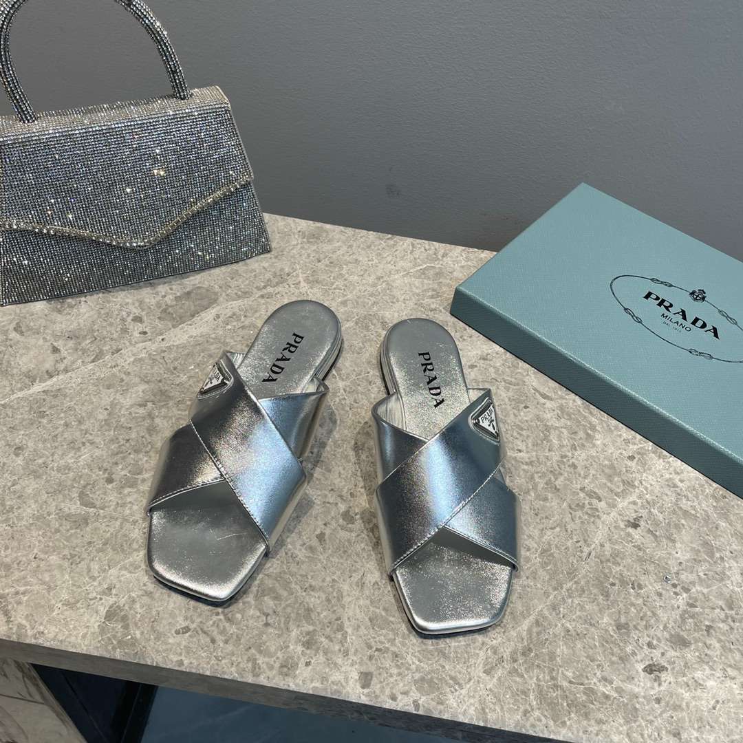 Pra*a Cross Straps Slides Silver For Women