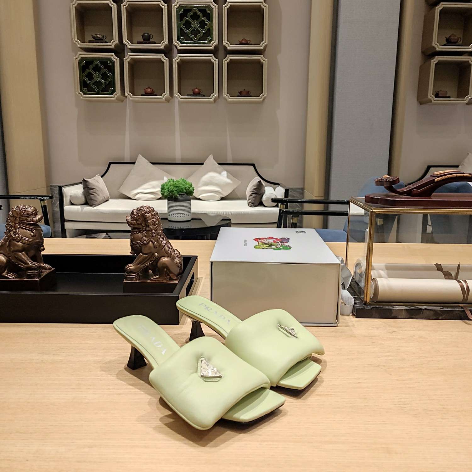 Pra*a Soft Padded Nappa Slides Beige For Women