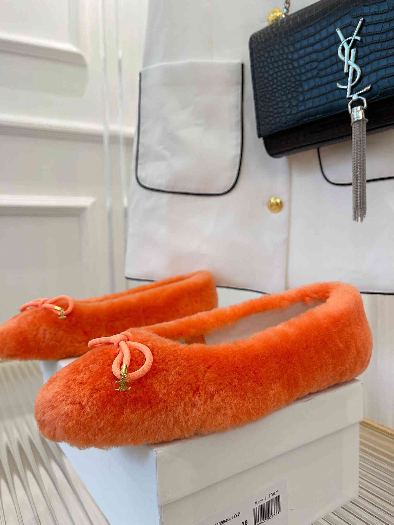 Ce1i*e Les Ballerines Ce1i*e Ballerina With Triomphe Laces And Fur Orange For Women