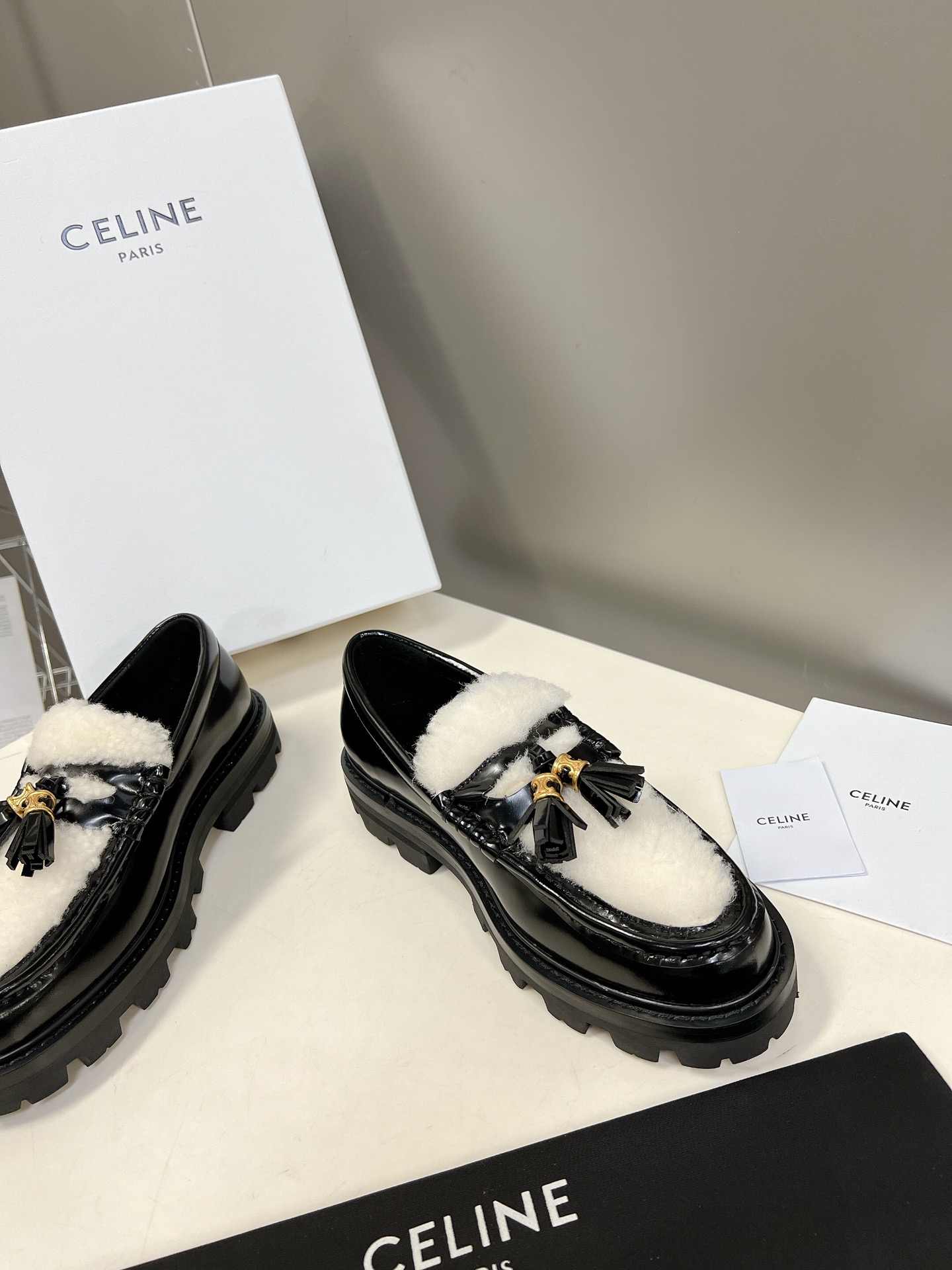 Ce1i*e Margaret Fur Loafer With Tassels Black For Women