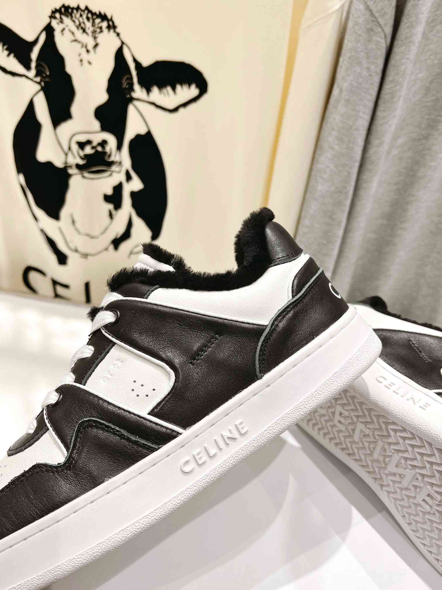 Ce1i*e Trainer Low Lace-Up Sneaker With Fur Black For Women