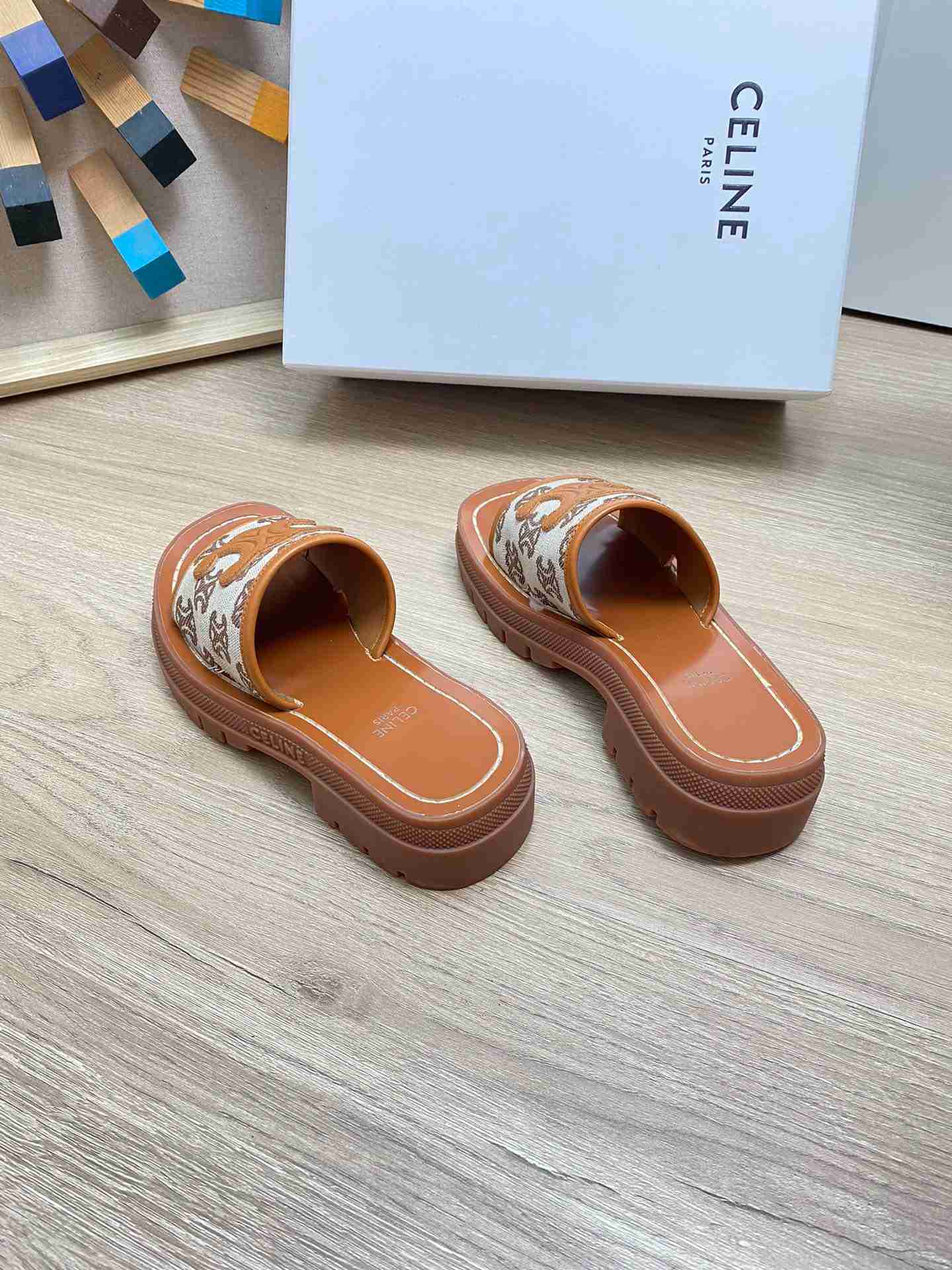 Ce1i*e Triomphe Slide In Triomphe Stamped Canvas Brown For Women