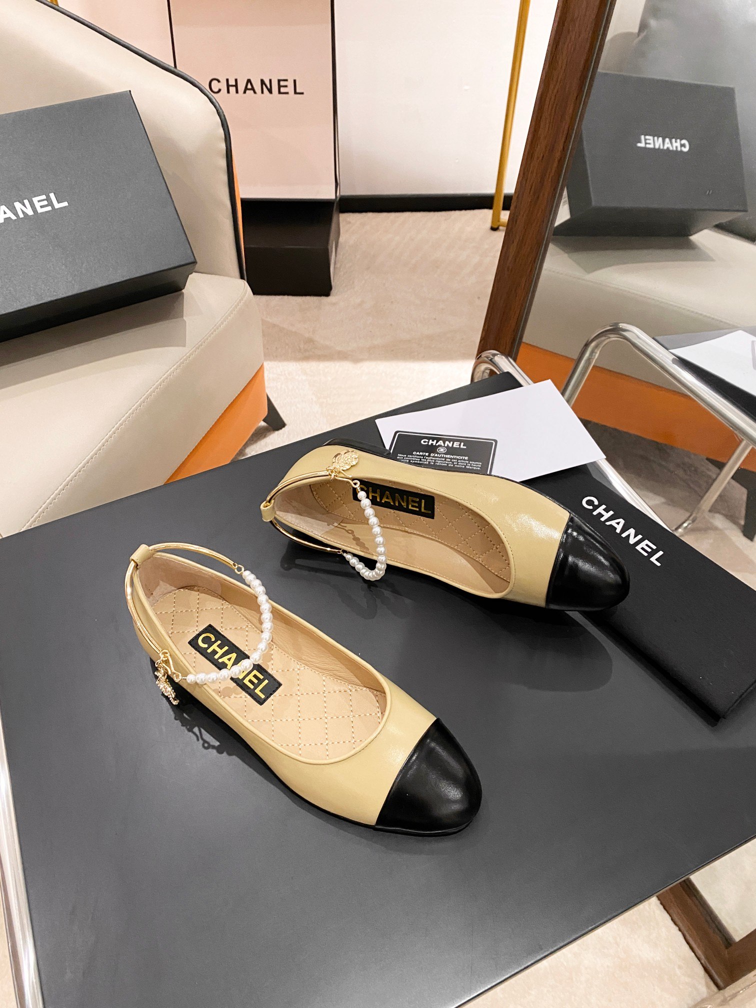 Ch**el Ballerina Logo Shoes Beige For Women